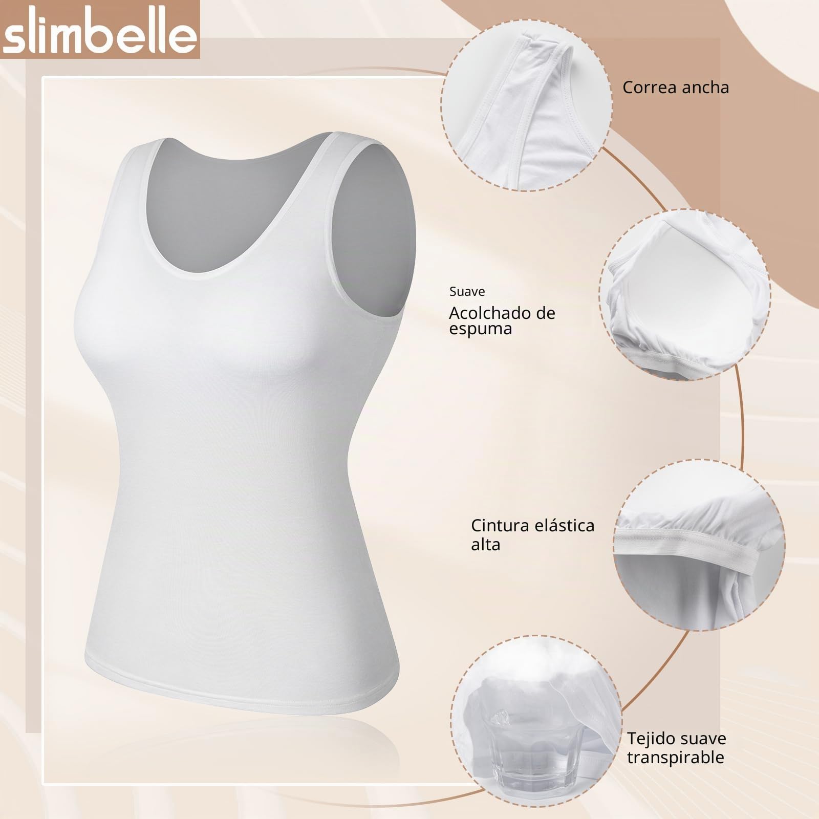 SLIMBELLE Sujetador para mujer, camisa básica, camiseta de tirantes con sujetador integrado, tirantes anchos, sin costuras, acolchado, bustier de cuello redondo Bralette