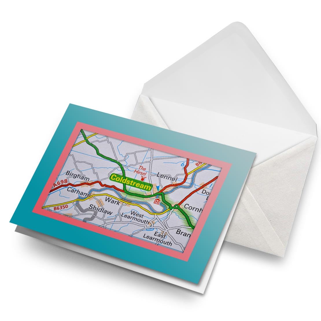 Greeting Card Coral & Teal (Photo Insert) - Coldstream Scotland Travel Holiday UK - Blank Birthday Celebration Anniversary, Envelope Included #50565