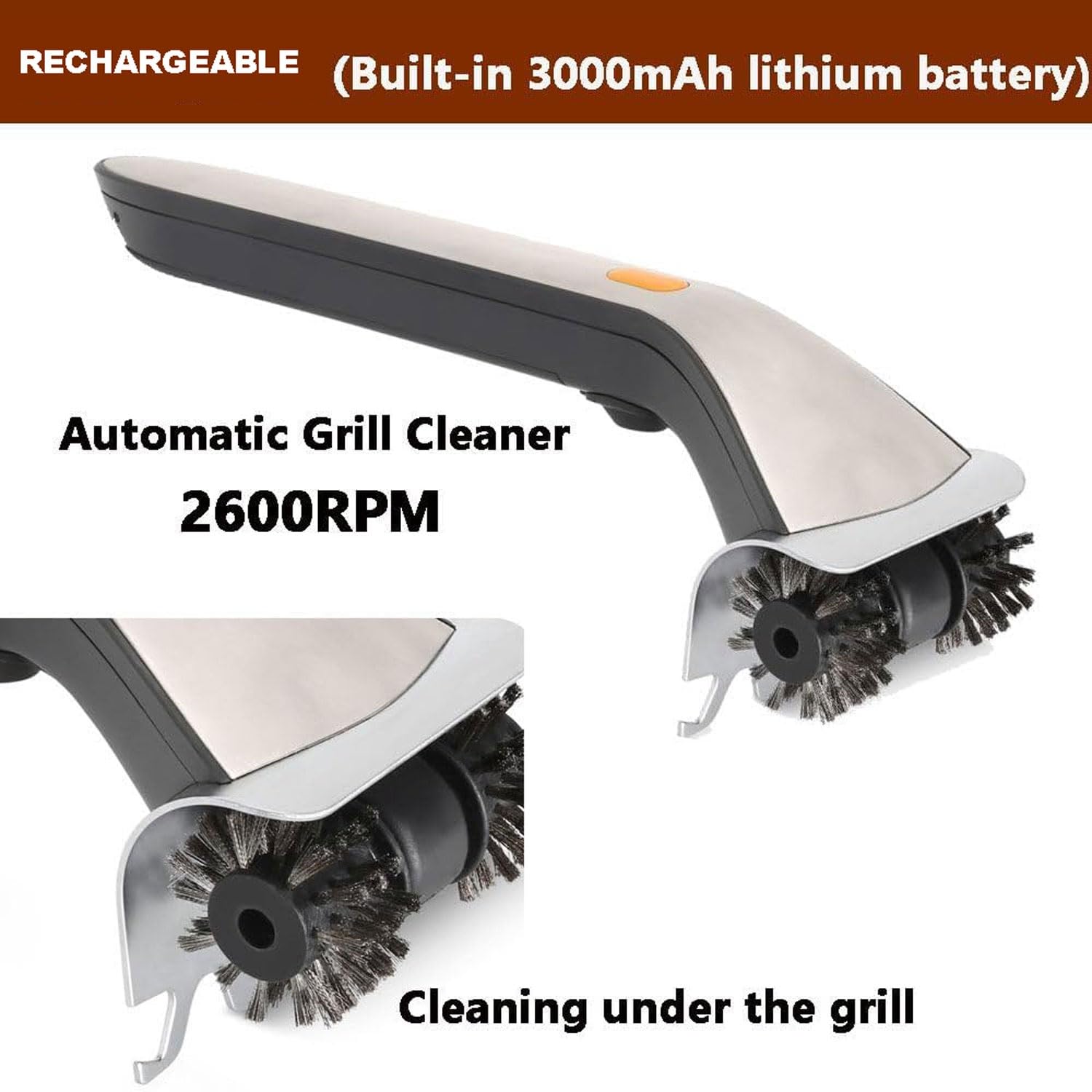 Cepillo de parrilla recargable inalámbrico, cerdas de acero inoxidable, cepillo eléctrico para barbacoa con tanque de agua de 500 ml y raspador, cabezales giratorios de 360° para parrilla de carbón y