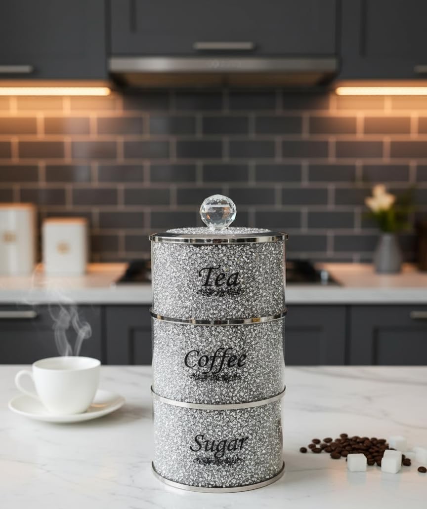 Biznest Stackable Diamond Crushed Tea Coffee Sugar Canisters Jars Round Shaped Kitchen Storage Silver Crystal Filled