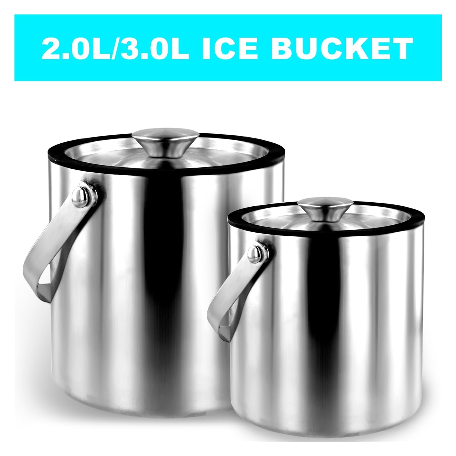 Cubo de Hielo con Tapa, colador y Pinzas, de Acero Inoxidable de Doble Pared, con Aislamiento, 2,0 l/3,0 l, Buen Sellado. para Bar, Cumpleaños, Fiestas(3L)