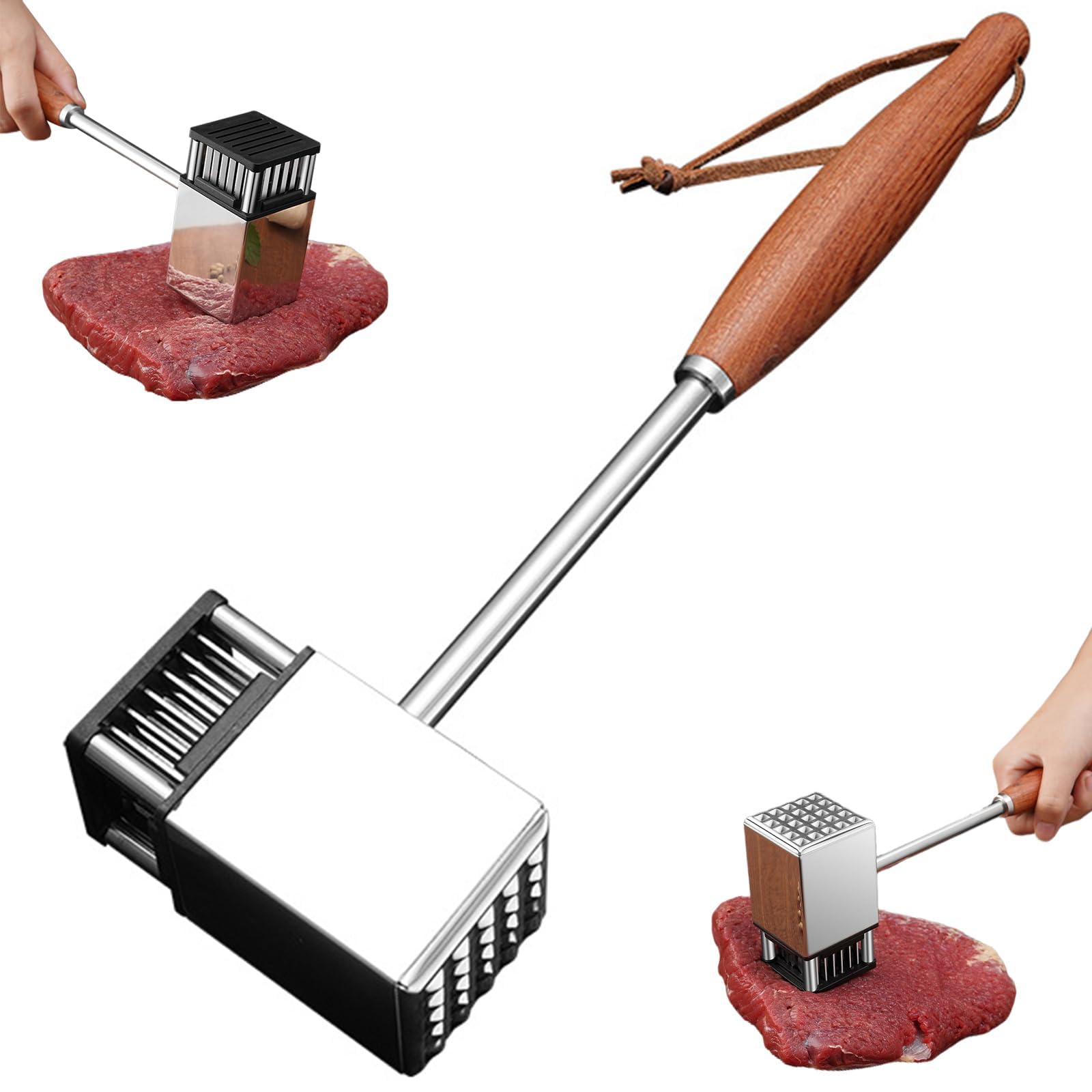Stainless Steel Meat Hammer with Dual-Sided Mallet, Heavy Duty Tenderizer Tool for Steak, Beef and Chicken, Ergonomic Handle, Durable Kitchen Meat Pounder for Grilling, Barbecue, Cooking