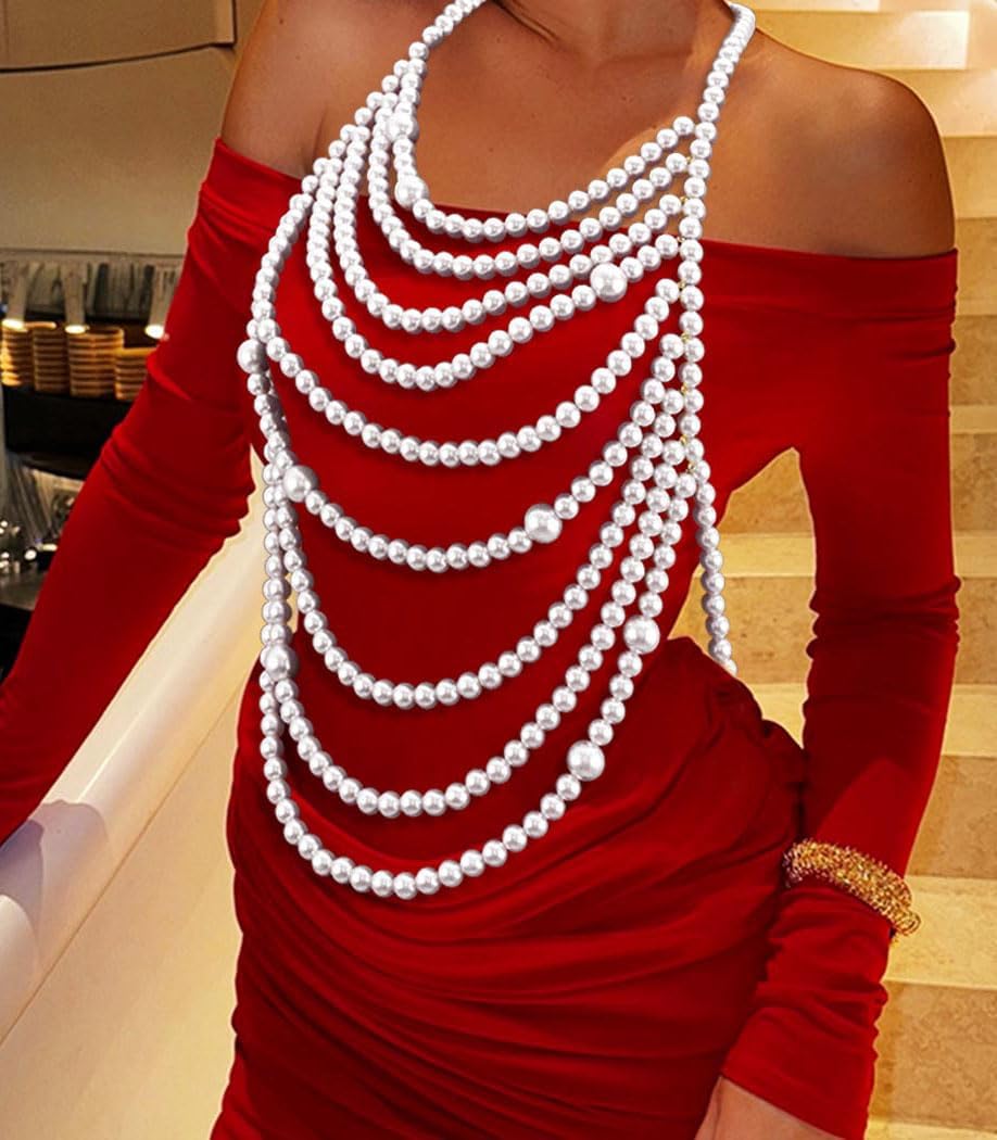 Uranian Pearl Body Chains Top Pearl Bra Chain Layered Shoulder Chain Necklaces Halter Chest Chains Beach Bikini Body Jewelry for Women - Image 4