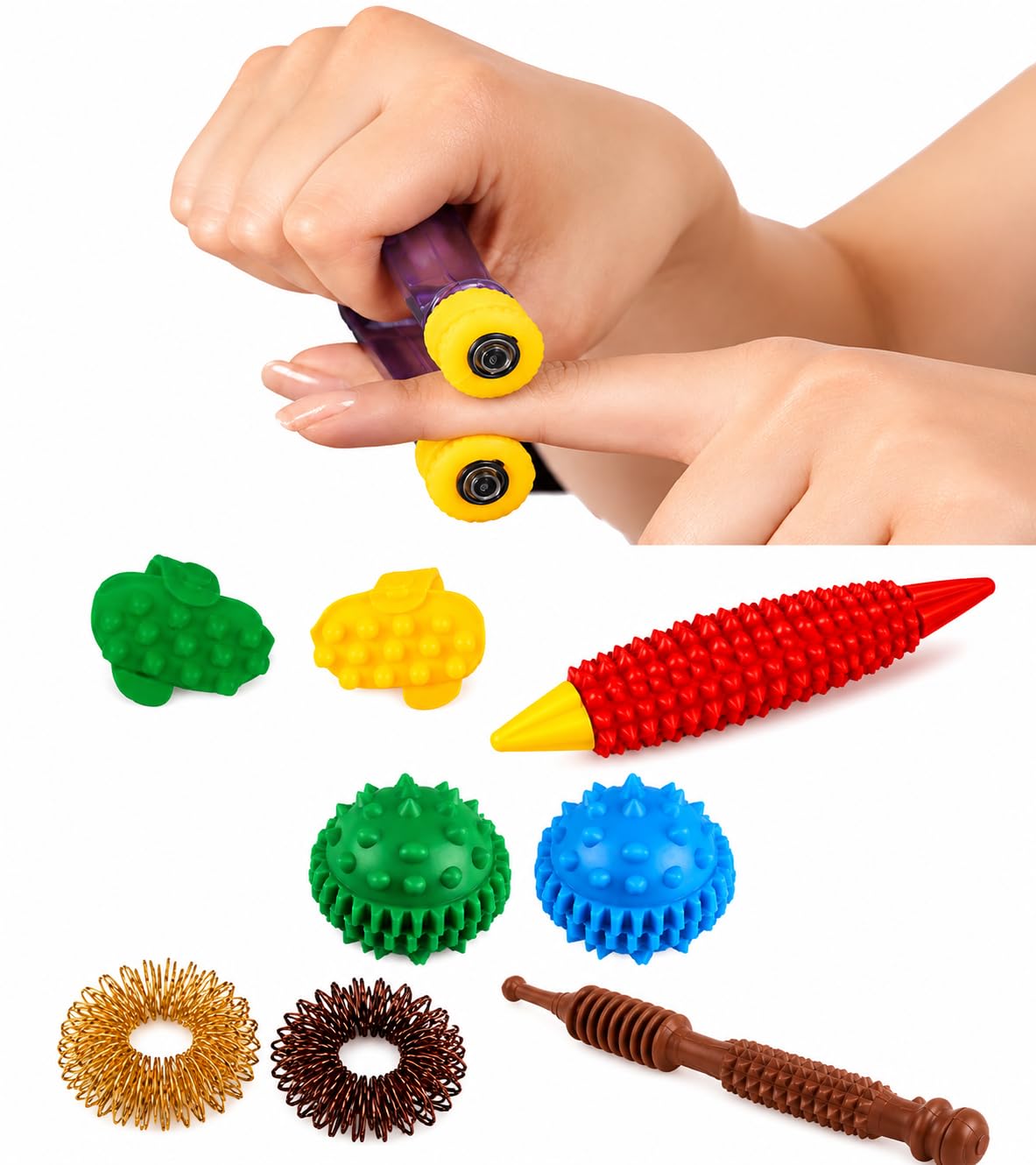 Kit de masajeador de dedos de acupresión ~ anillo Sujok, bola de potencia Sujok, K-Roll, pulgares Sujok, Jimmy de madera con tabla de reflexología (mano/pies) Alivia el estrés