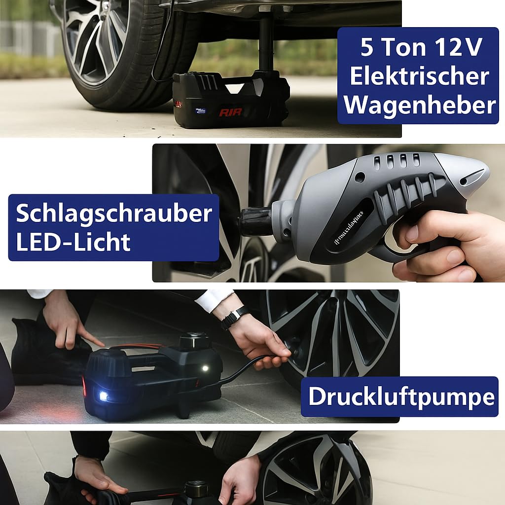 ROGTZ Elektrischer Wagenheber 5 Tonnen - 5in1 Mit Luftpumpe & Schlagschrauber