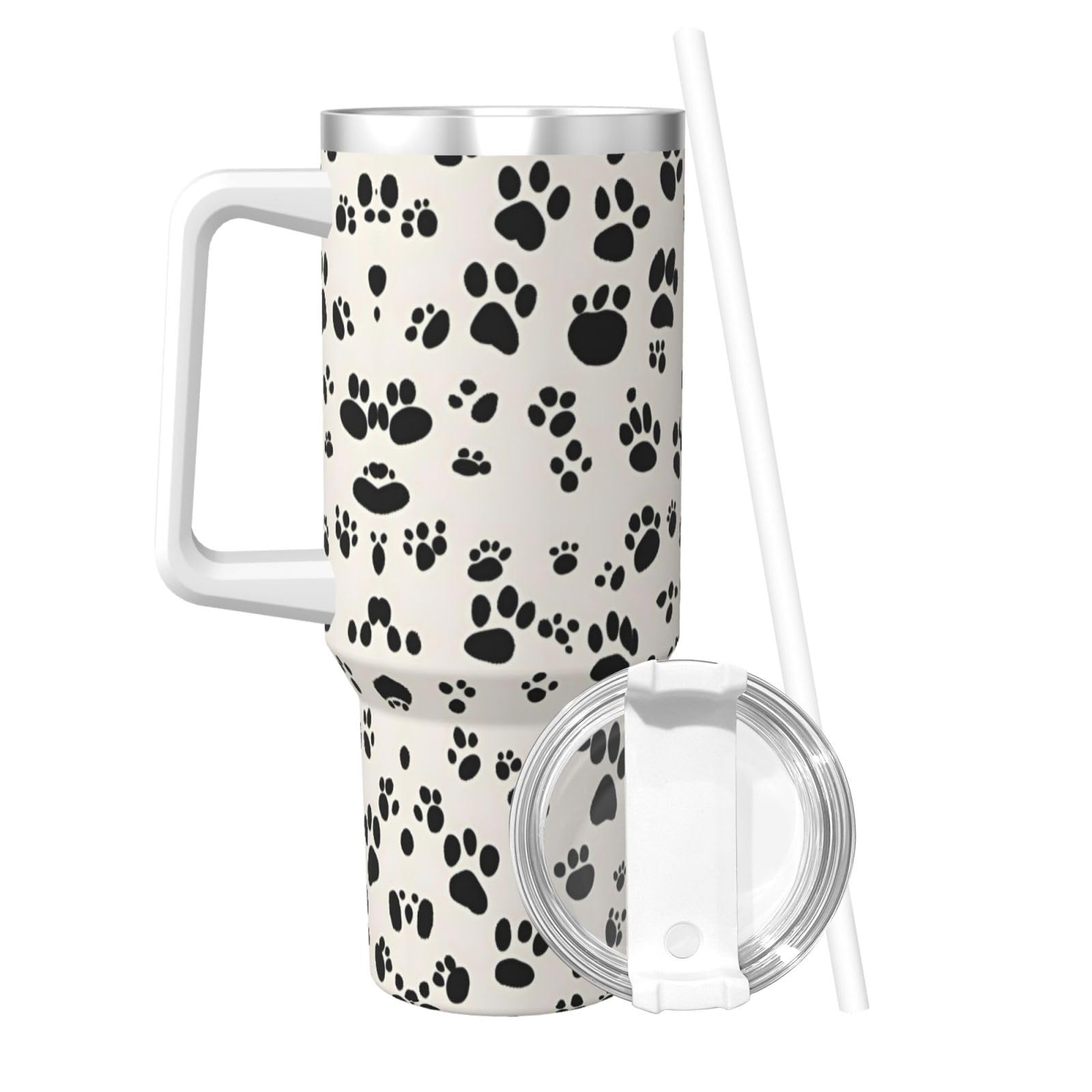 Doppelwandige isolierte Wasserflasche mit Griff und Strohhalm-Deckel, Edelstahl, Knochen- und Pfotenabdruck, 1,2 l