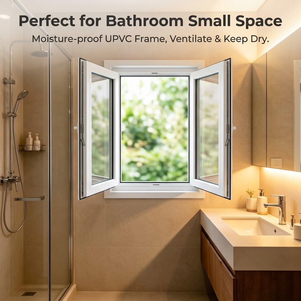Ventana abatible para sótano, marco de acero de plástico blanco, ventana de vidrio templado, paneles de vidrio de doble panel, ventanas seguras, reemplazo de ventanas de baño para casa