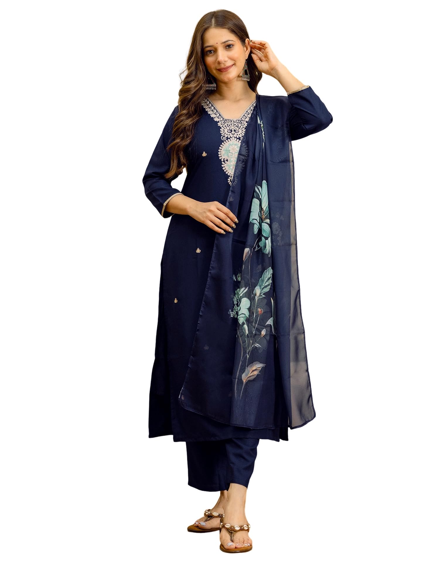 skylee Women's Cotton Embroidered Straight Kurta with Pant & Dupatta-picture-5