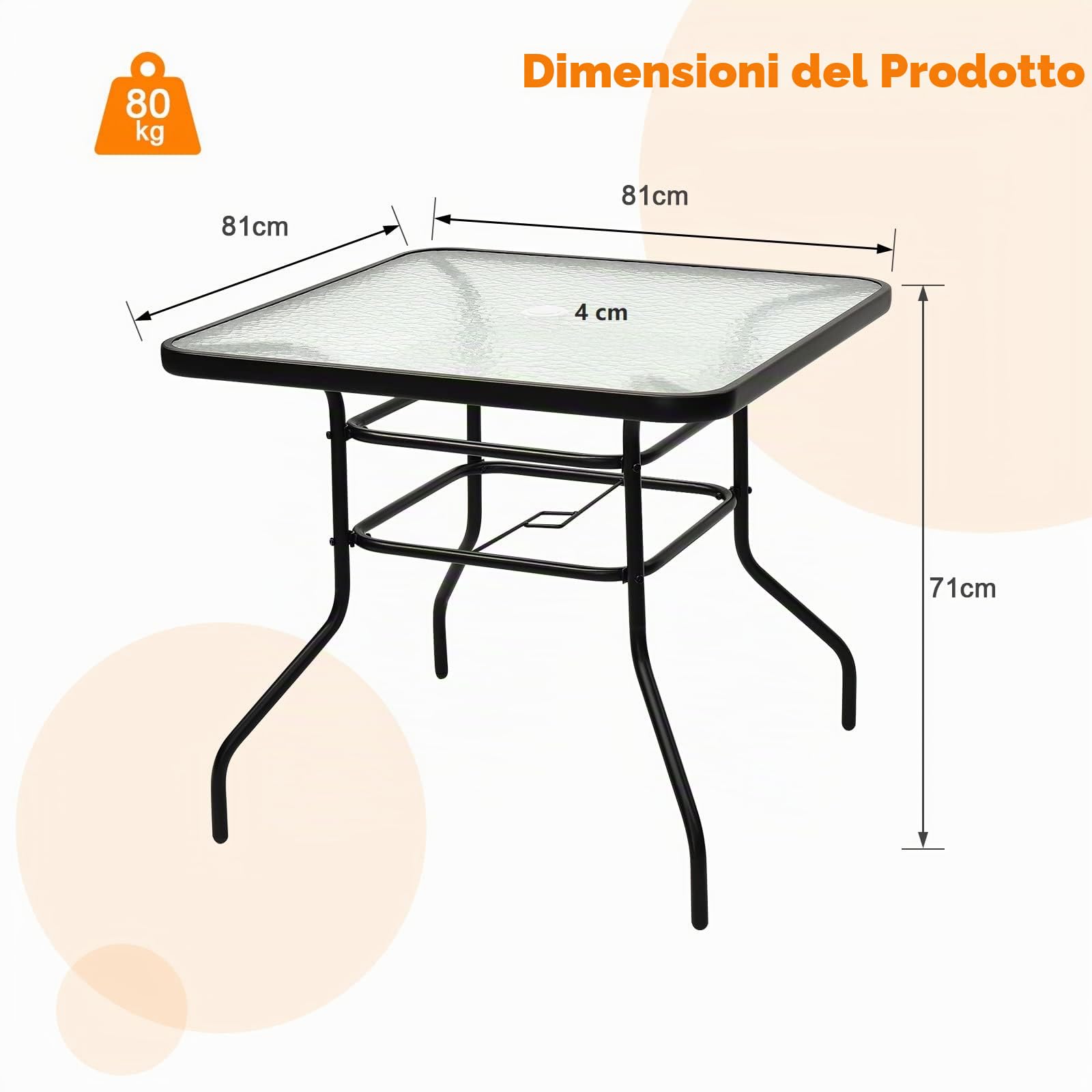 GIANTEX Tavolino in Vetro, con Foro di 40 mm per Ombrellone, 2 Anelli di Fissaggio, Tavolino Multiuso da Esterno, Giardino, Cortile, Balcone, Portata di 80 kg, 81x81x71 cm (Quadrato)