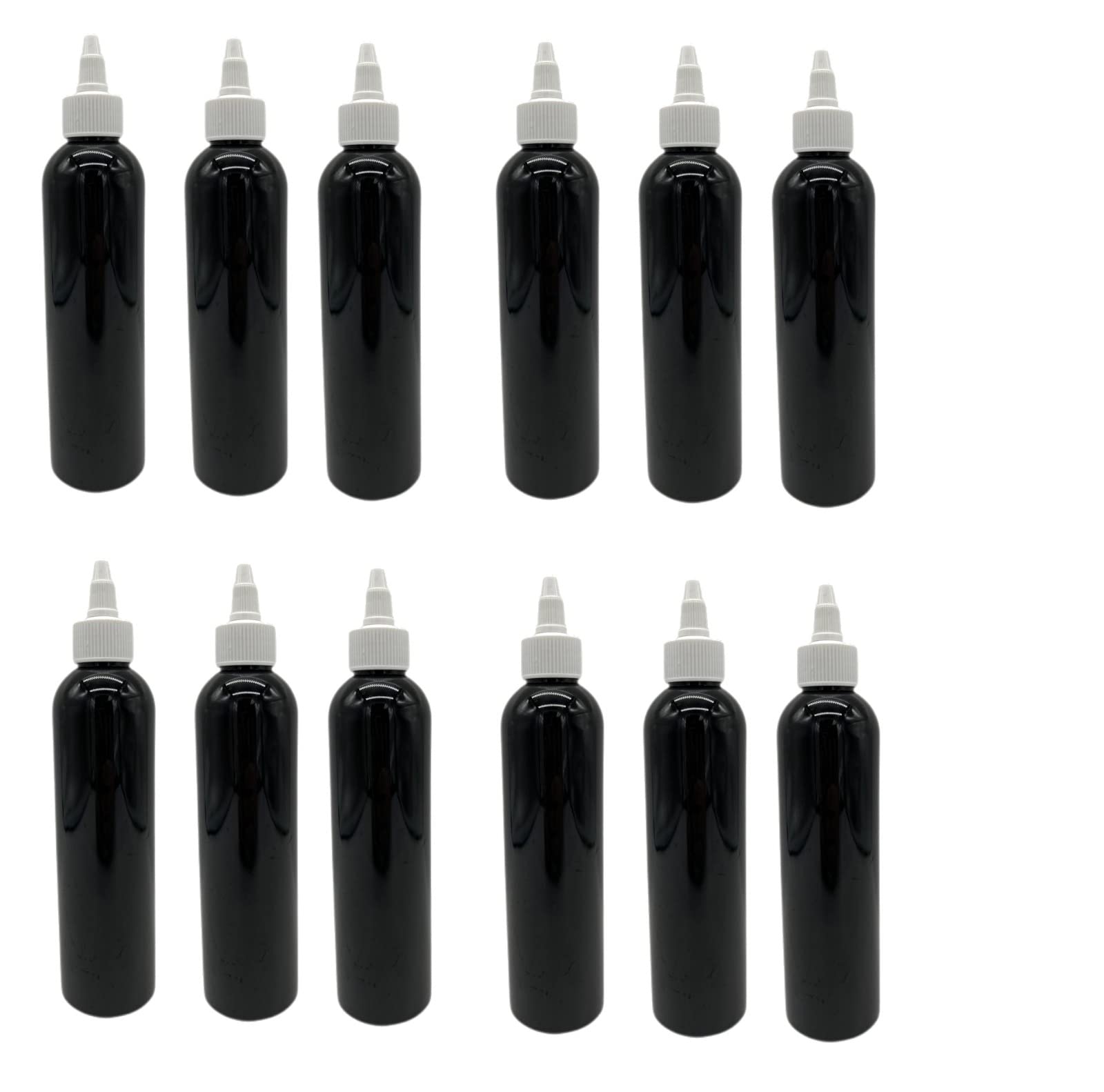 Natural Farms 8 oz Black Cosmo Plastic Bottles -12 Pack Empty Bottle Refillable - BPA Free - Essential Oils - Aromatherapy | White Twist Top Caps -