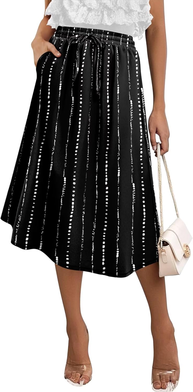 Angerella Womens Skirt Midi High Waist A-Line Casual Floral Print Trendy Bohemia Work Elegant with Pockets