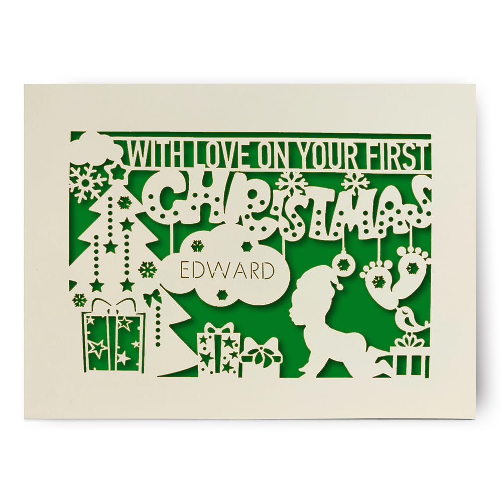 EDSG Personalized 1st Christmas Card Xmas Greeting Cards for Card for New Baby Son Grandson Brother Nephew Custom Gift with Envelope (Green)