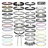 40 PCS Black Velvet Choker Necklace Set Henna Tattoo Choker Set Velvet Tattoo Ruban Set de Garcon en Velours pour Les Filles Adolescentes Femmes