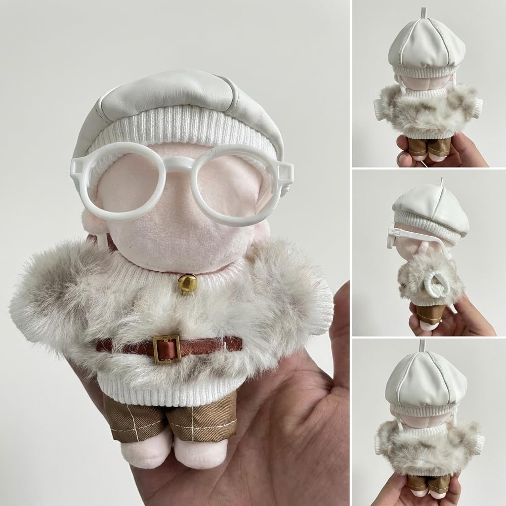 Plush Doll Clothes Set of 4 Luxury Leopard Pattern Fur for 3.9 inches (10 cm) Beret with Round Glasses Sewing Clothes, Push Up Costume, White Leopard