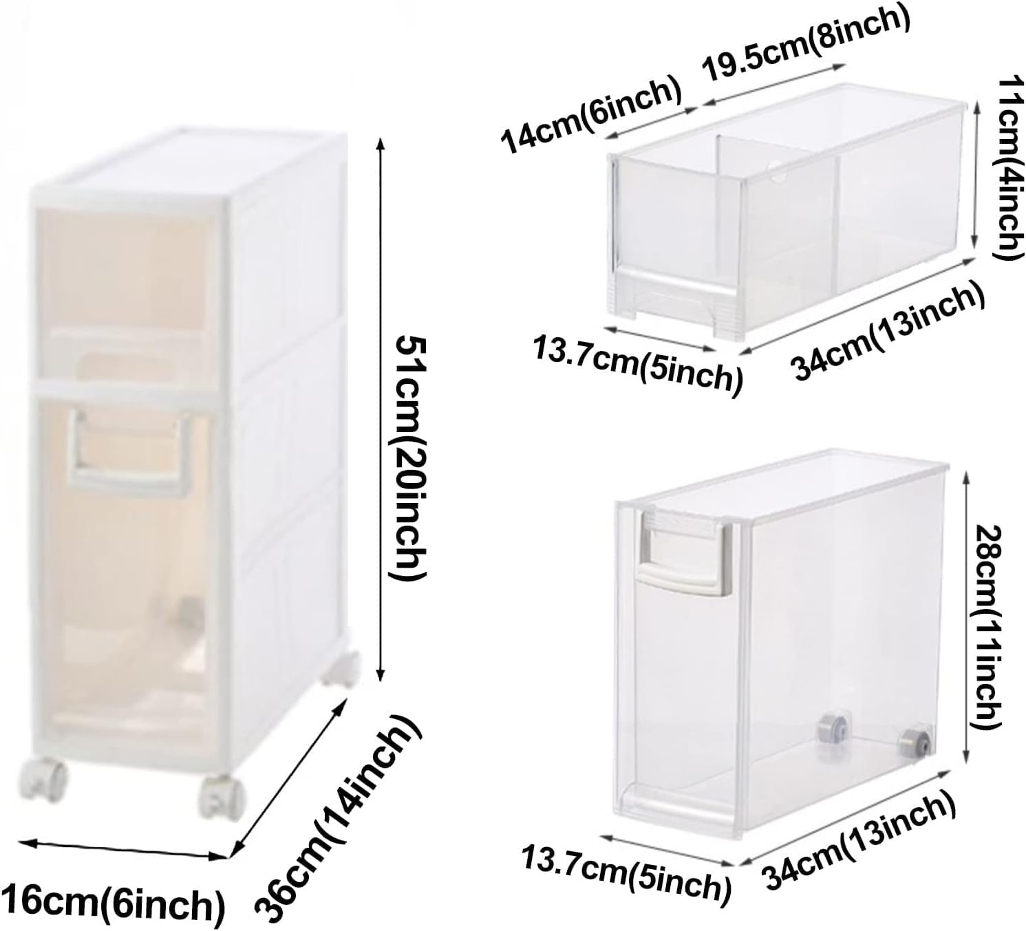 Storage Cabinet 16cm Narrow Slim, Skinny Toilet Paper with 4 Plastic Drawers and Casters Large Capacity(2 Tier,16cm)