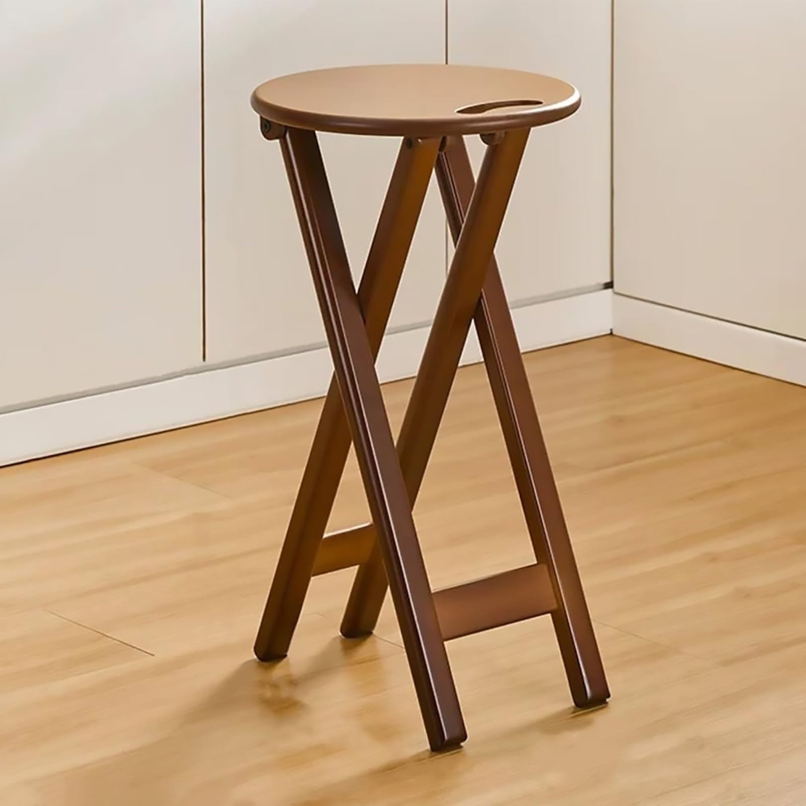 Barhocker Klappbar 60 cm, Holz Sitzhocker Klappbar mit Fußstütze, Runder Hoher Klappbarer Hocker mit Griff für Wohnzimmer, Küche, Bartheke