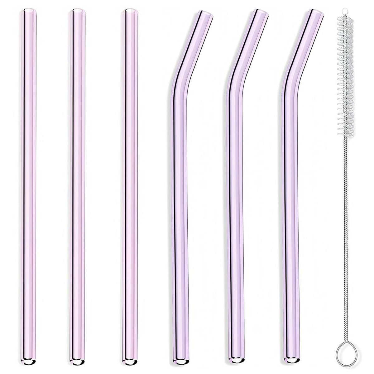 Reusable Glass Straws 6-Pack – 3 Straight & 3 Bent with Cleaning Brush, Eco-Friendly Drinking Straws for Smoothies, Juice, Water, Hot or Cold Drinks(Pink)