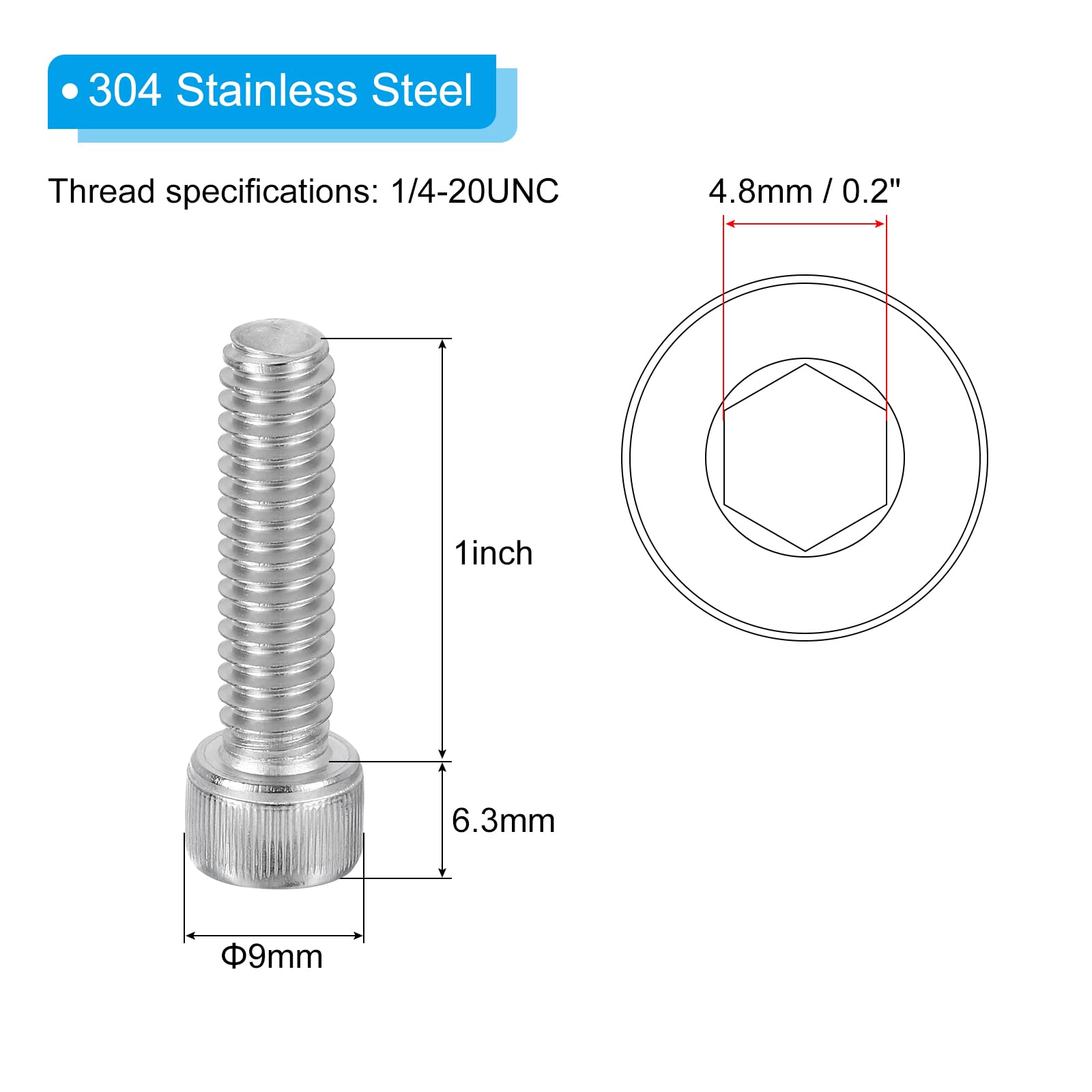 PATIKIL 1/4-20 x 1" Hex Socket Cap Head Screw Bolt, 20Pcs 304 Stainless Steel 18-8 - Image 2