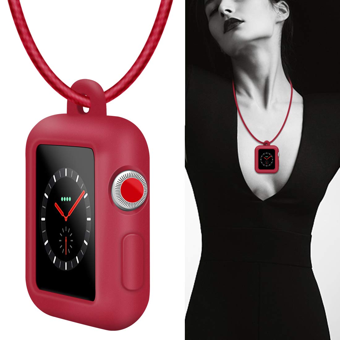 con Cuero Genuino Collar Colgante Correa Reemplazo Funda Protectora de Silicona Funda Compatible para Apple Watch Series 5 4 3 2 1 38mm 42mm Accesorios para Banda para el Cuello(Rojo,44mm)