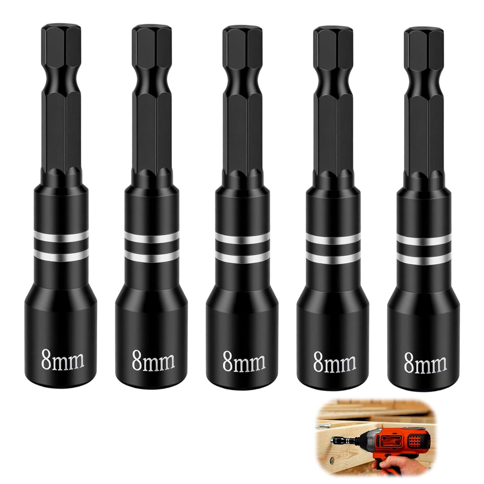 8mm Hex Bit, 5pcs Magnetic Nut Driver 1/4" Quick Change Hex Shank 65mm Chrome Vanadium Steel Power Nut Drive Set for Drill Impact Tools Electric Screw Driver Auto Repair Woodworking DIY, Black