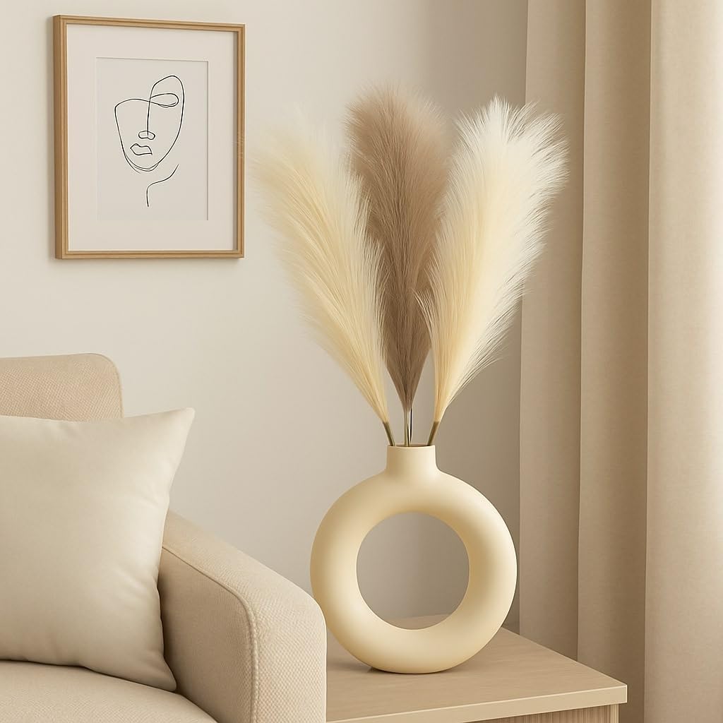 3 Piece Artificial Pampas Grass Fluffy Faux Stems for Home Décor, Boho Wedding Centerpieces, Dried Look, Non-Shedding Vase Filler (17 Inches) (Without Vase Pot) (2 Off White and 1 Brown)-image-45