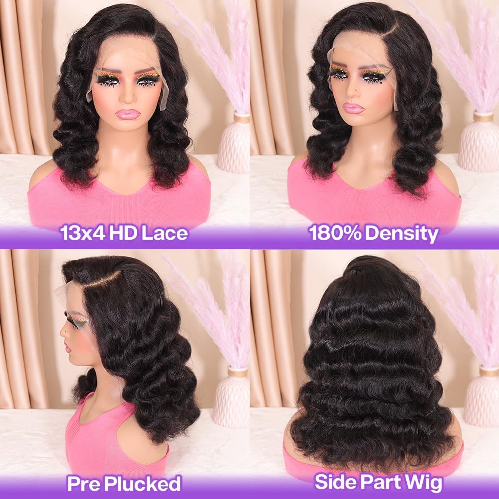 Body Wave Bob Wig Human Hair 13x4 HD Lace Front Wigs Human Hair Pre Plucked 180% Density Glueless Wig Bob Wigs for Black Women Body Wave Lace Frontal Wigs Human Hair Natural Black 14 Inch