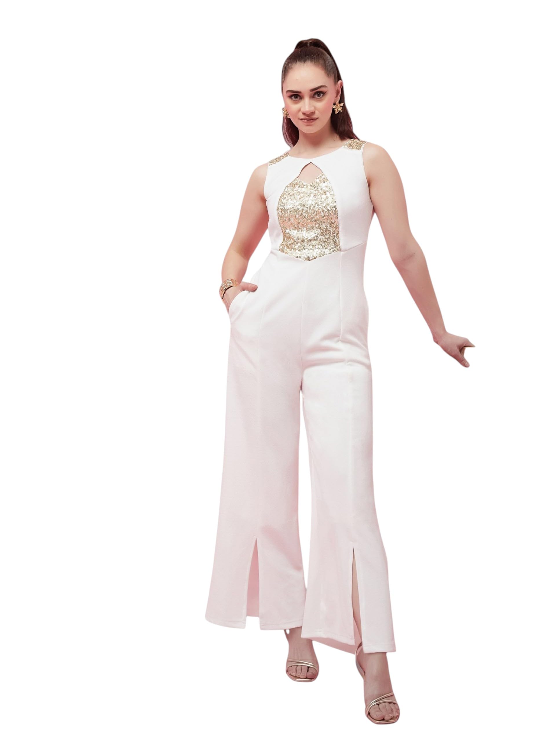 miss chase Women's Regular Length V - Neck Sleeveless Sequin Panel Wide Leg Embellished Jumpsuit-picture-42