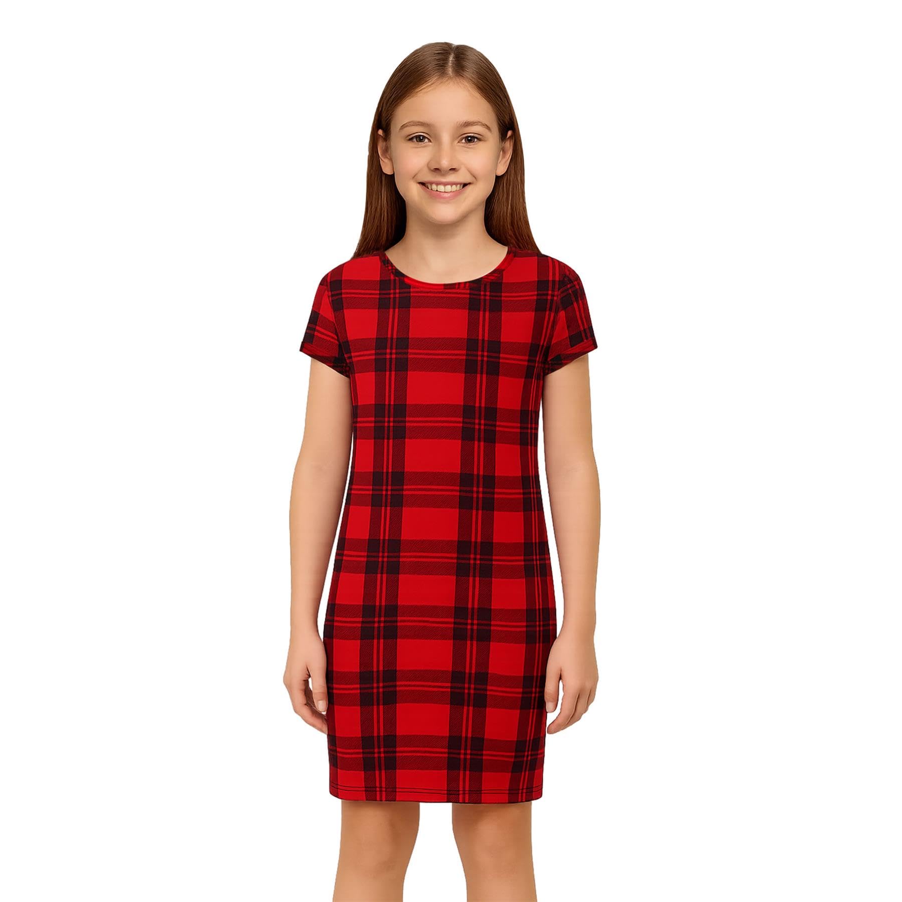 A2Z 4 Kids Girls Dresses Plain Short Sleeves Cap Slim - New Midi Dress Tartan Red 13