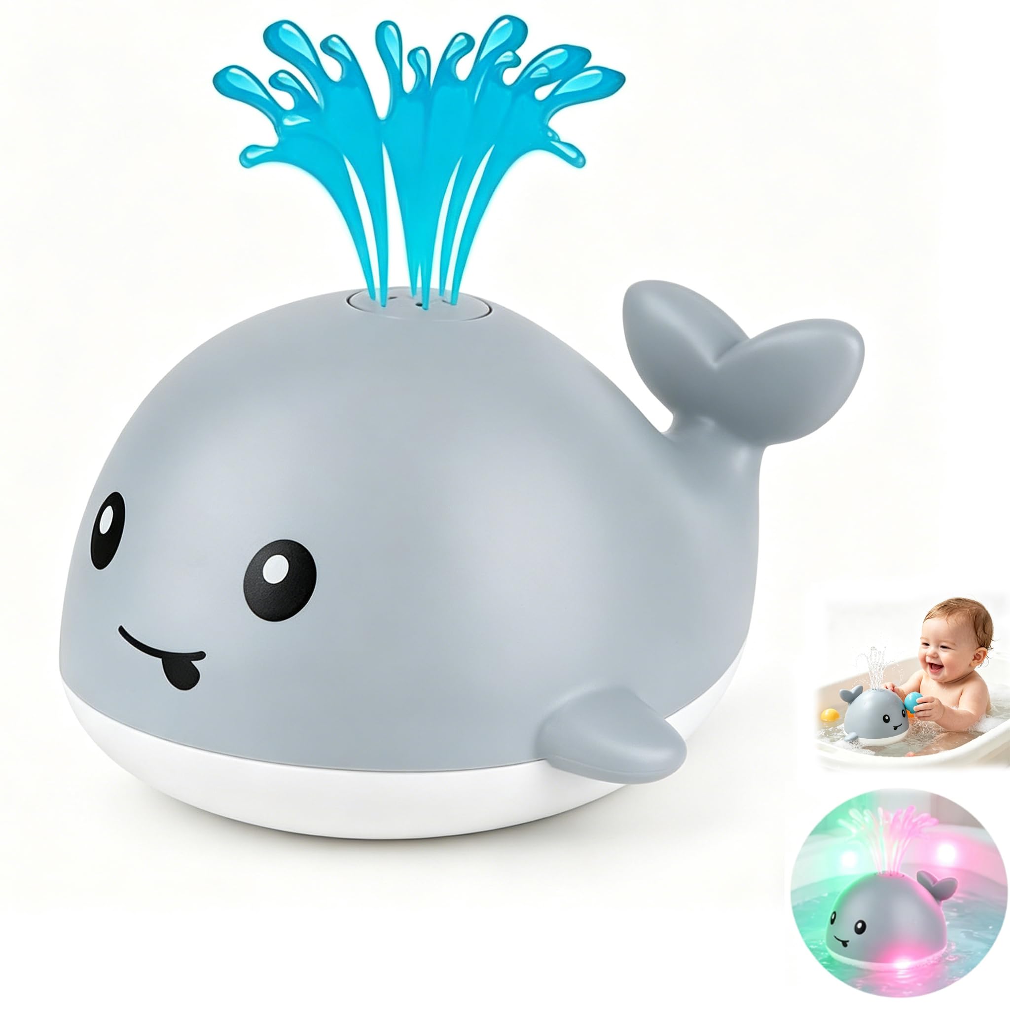 Baby Bath Toys, LED Light Up Whale Bath Toy Sprinkler, Bathtub Fountain Water Toy, Baby Shower 1st Birthday Gifts for Toddlers Girls Boys (Grey)