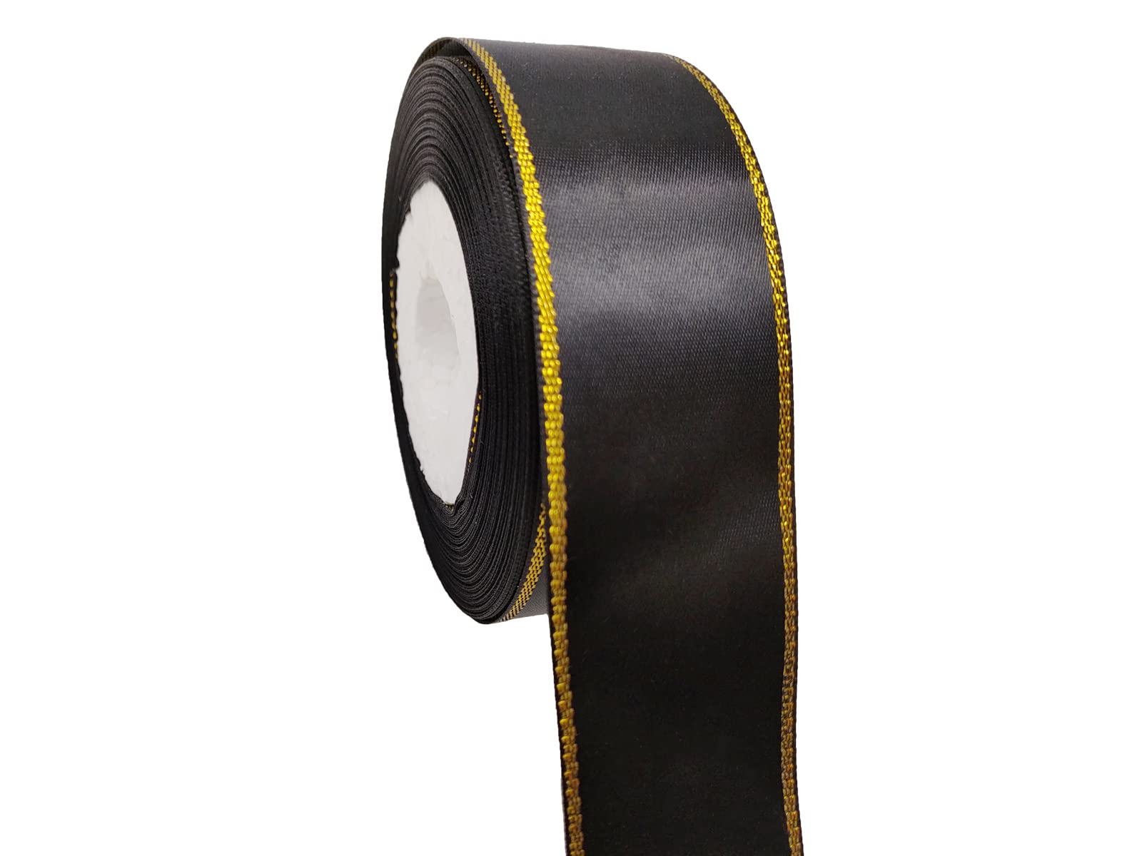 1-1/2 inch Black Satin Ribbon Roll with Golden Edge-25 Yards Glitter Wide Continuous Double Faced Boutique Ribbon for Gift Wrapping-DIY Crafts-Sparkly