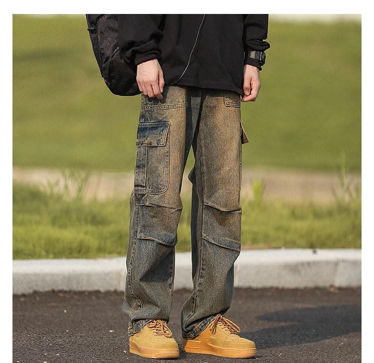 Men's Jeans Cargo Spring Winter American Loose Straight Wide-Leg Casual Long Pants4