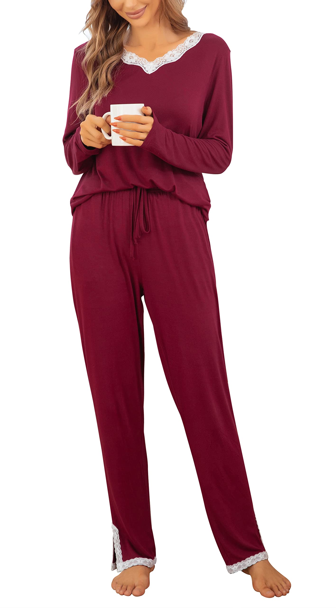 Lovasy Pigiama Donna Manica Lunga Pantaloni Lunghi Casual Scollo a V Top con Motivo a Pois Carino con Tasca Due Pezzi