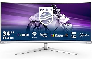 PHILIPS Evnia 34M2C8600-34 Inch Curved WQHD Gaming Monitor. QD OLED, 175Hz, 0.1ms GTG, HDR 400, Ambiglow, Height Adjust, Speakers, Smart Image (3440 x 1440, HDMI 2.0 / DP 1.4 / USB-C)