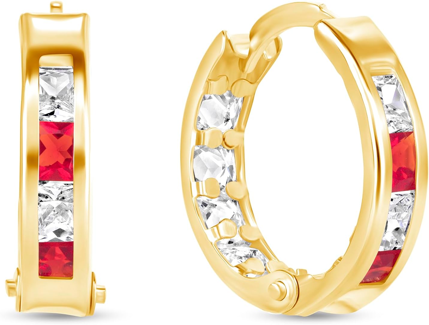 14K Yellow Gold Alternating White and Colorful Cubic Zirconia Inside Out Huggie Hoop Earrings for Women