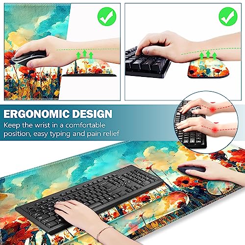 Image of ARTSO Gaming Mouse Pad Wrist Support Set, XXL Large Desk Mat Mousepad + Keyboard Wrist Support+ Mouse Wrist Rest+Coaster 4in1 Ergonomic, Stitched Edge for Home Office -Oil Painting Flowers Plants