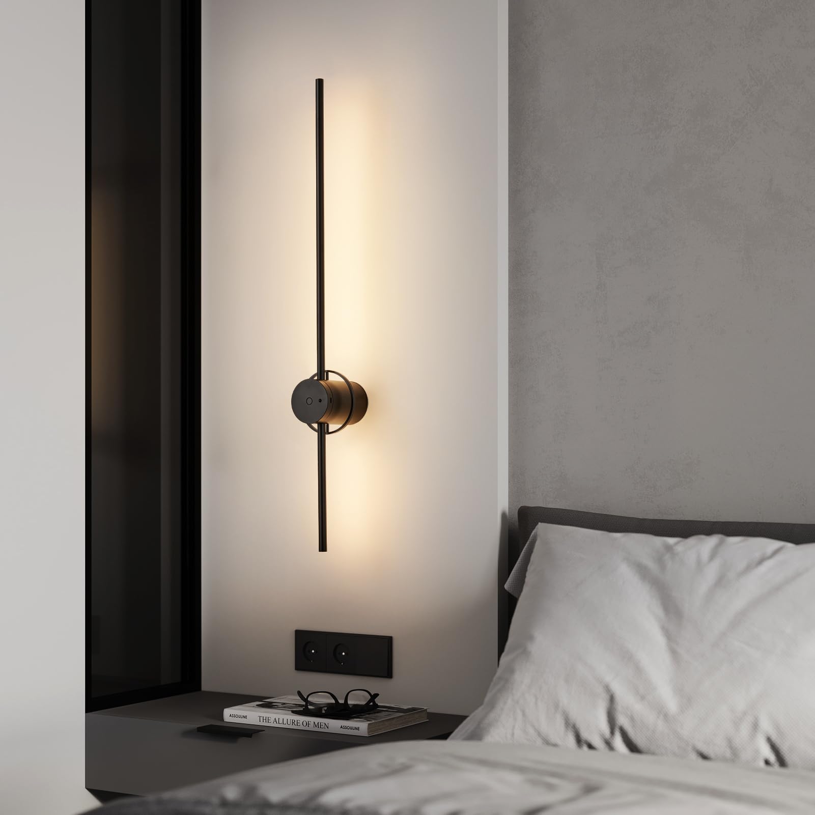 HARPER LIVING Applique da parete ricaricabile USB nera, lampada a batteria da 4000 mAh con telecomando e controllo touch, applique da parete LED dimmerabile con rotazione a 360°, 80 cm, senza fili