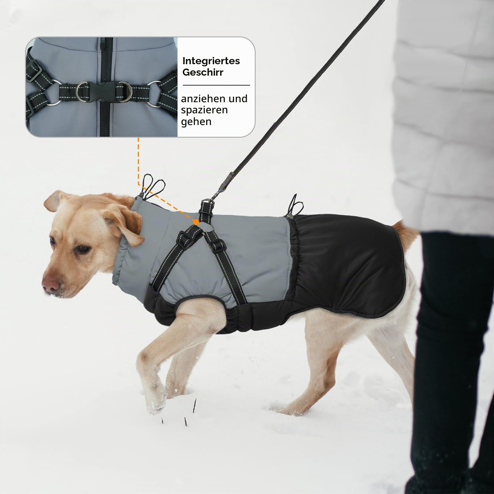 Hundemantel mit Geschirr, Hundemantel Winter für Kleine Mittelgroße Grosse Hunde, Hundejacke Wasserabweisend und Warm Mantel Gefüttert Wintermantel Hund, Schwarz XL