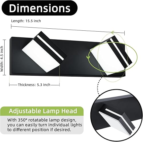 Miniatura 2 de OKELI Lámpara de tocador de baño negra con 2 luces sobre el espejo, moderna, LED, regulable, lámpara de baño, cabezal giratorio de 350, 16 W, 6000