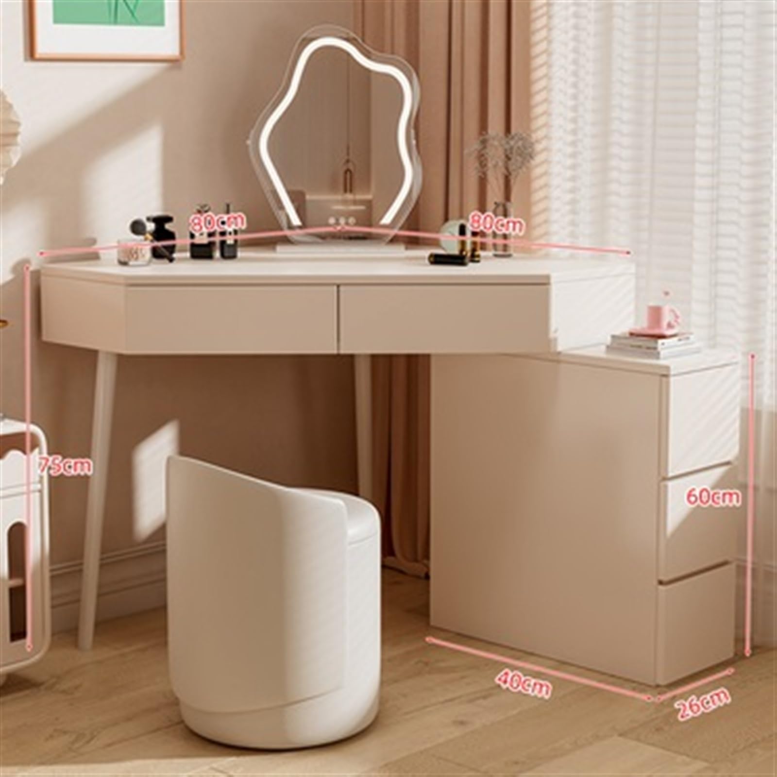 Kapkruk moderne kaptafel bureau, witte hoek make-up tafel, kleine ruimte make-up bureau met spiegel en 5 laden meisje kaptafel (maat: 60 x 60 cm