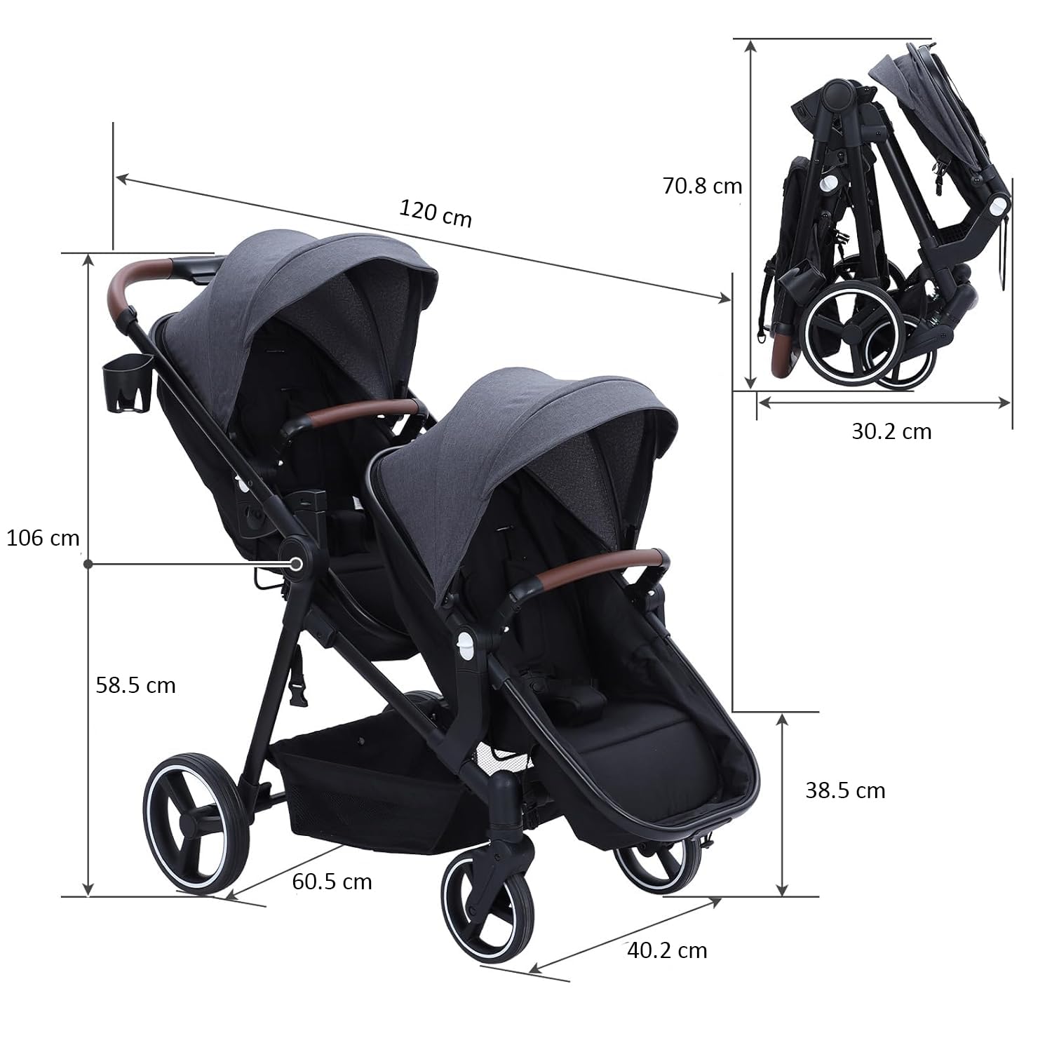 Passeggino Gemellare Doppio Leggero Pieghevole da Viaggio, Passeggino con Sedili Reversibili, Navicella per Bambini, Dalla Nascita ai 36 Mesi