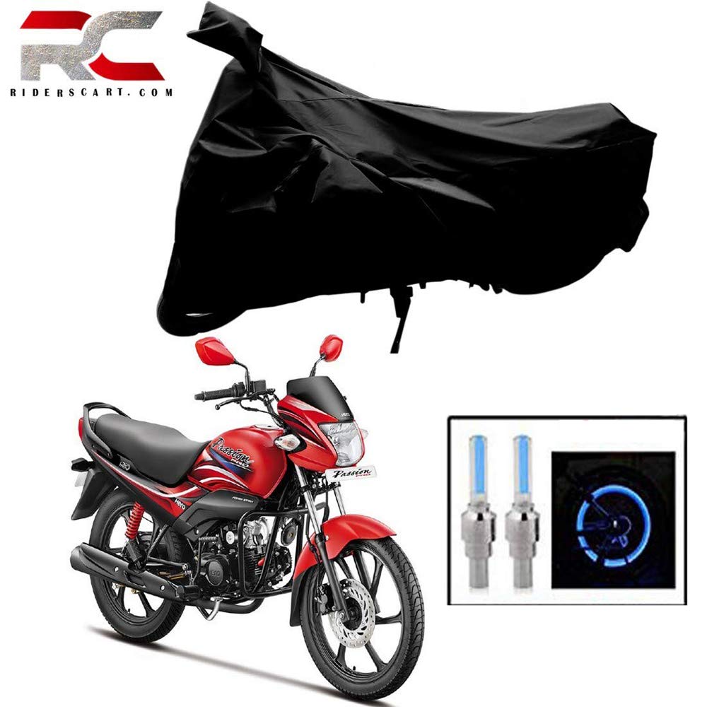 RIDERSCARTAll Season (Weather) Waterproof Bike Cover for Hero Passion Pro Indoor Outdoor Protection Combo with Storage Bag and Tyre Light (Black)