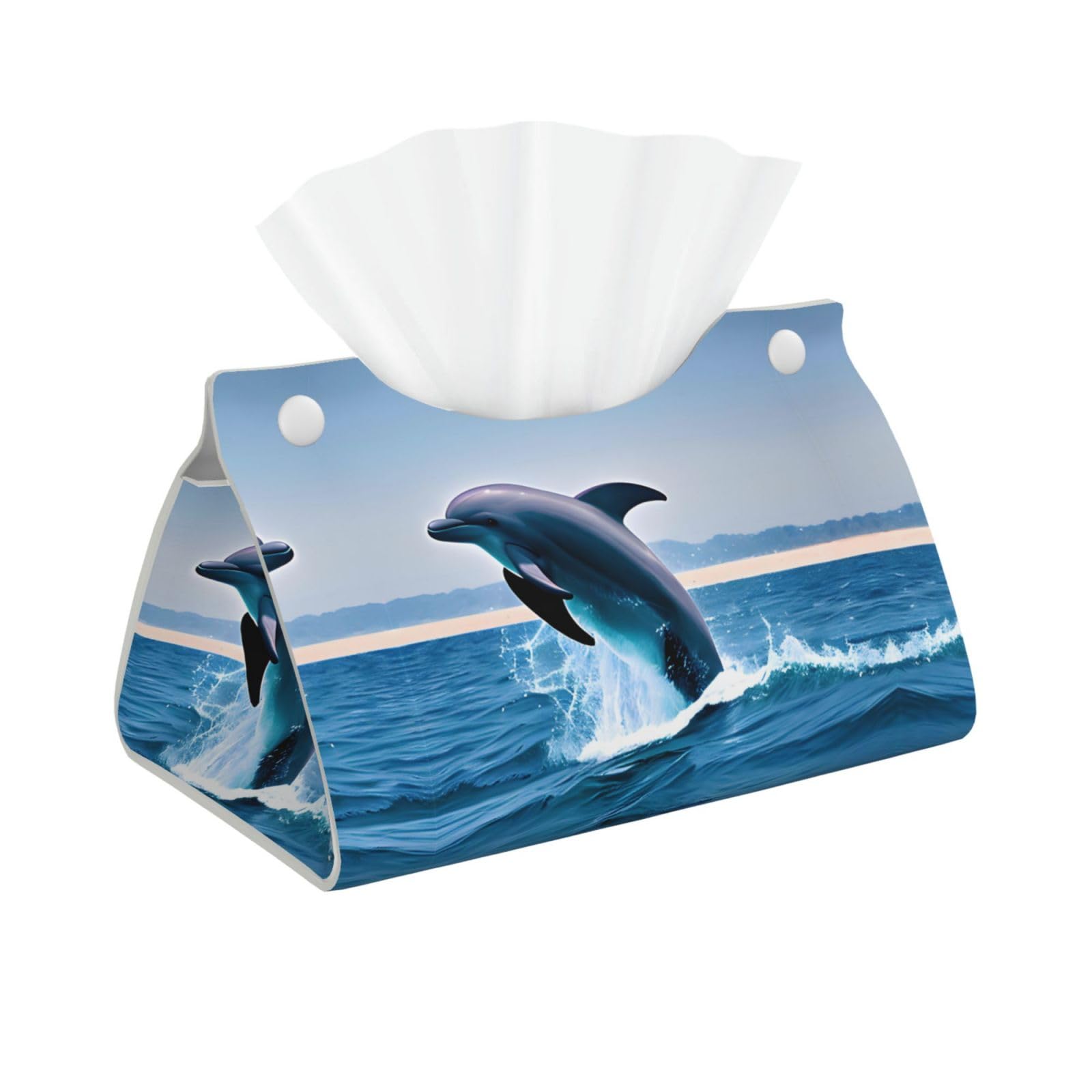 Jumping up Dolphins Print Long Tissue Box Cover Holder Foldable Leather Organizer for Vanity, Nightstand, Desk & Bathroom