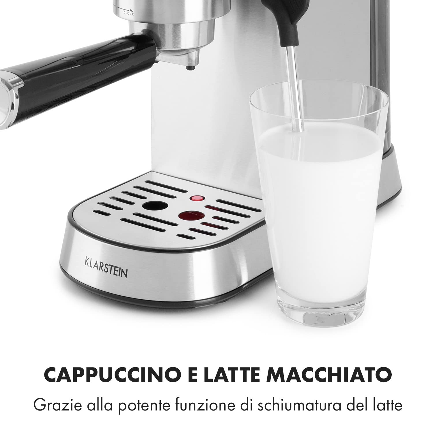 KLARSTEIN Futura - Macchina per Caffè Espresso, per Cappuccino, Macchinetta per Caffé Macinato, 1450W, 20 bar, Qualità Professionale, Sistema Thermo-Block, Doppio Erogatore, Montalatte, Argento
