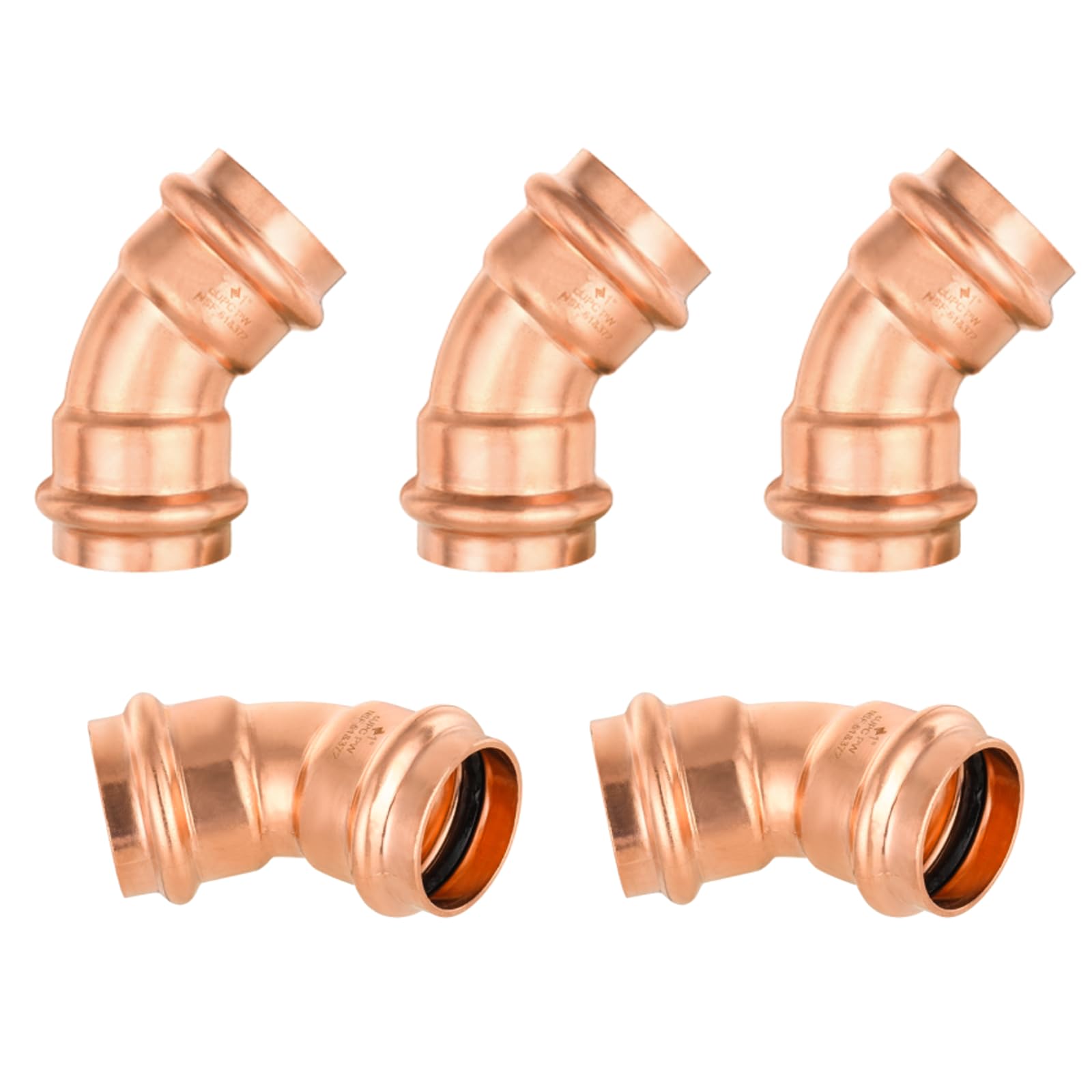 Paquete de 5 codos de prensa de cobre GUOFIS de 1 x 1 pulgada, accesorios de codo de 45° para conexión de tubo de cobre con tope