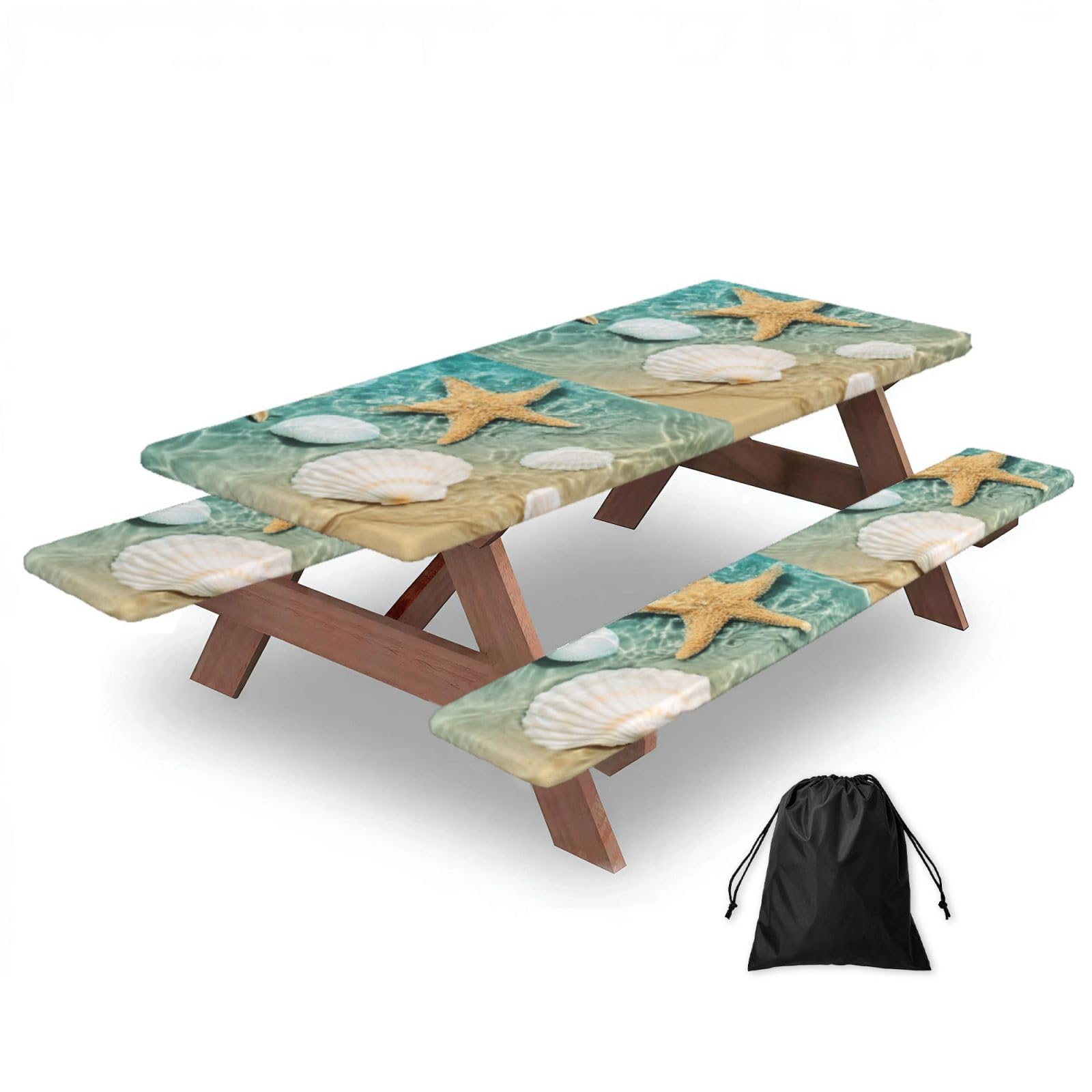 Yqxwjl Black Starfish And Seashell Pattern Print Camping Essentials Waterproof Camping Table And Bench Cover With Drawstring Bag 183 Cm