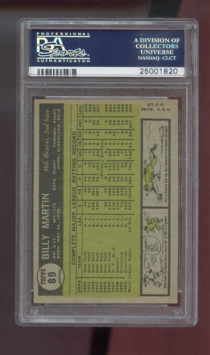 1961 Topps #89 Billy Martin PSA 5 Graded Baseball Card MLB Milwaukee Braves