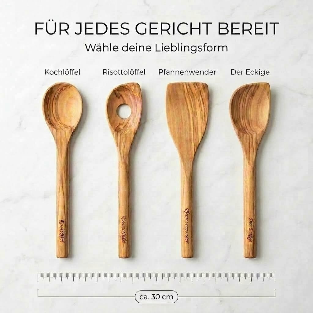 Kochlöffel personalisiert, Olivenholz - Handgemachter Holzkochlöffel mit Gravur als individuelles Geschenk