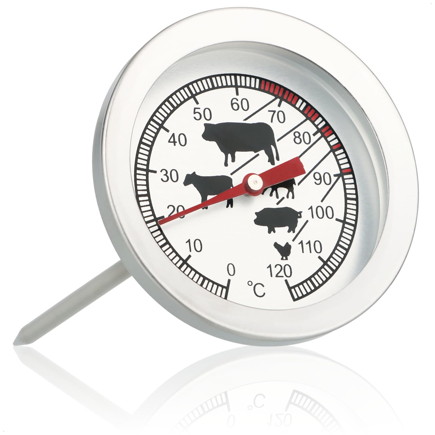 com-four® Termómetro para Asados de Acero Inoxidable - Termómetro Analógico de Carne hasta 120 °C - Termómetro de Parrilla - Aguja de Carne - 10 cm (001 pieza)