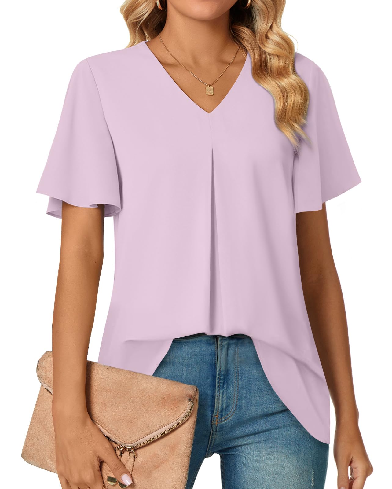 Anyally Womens Summer Dressy Chiffon Blouses V Neck 2025 Short Sleeve Tunic Tops for Leggings Casual T-Shirts