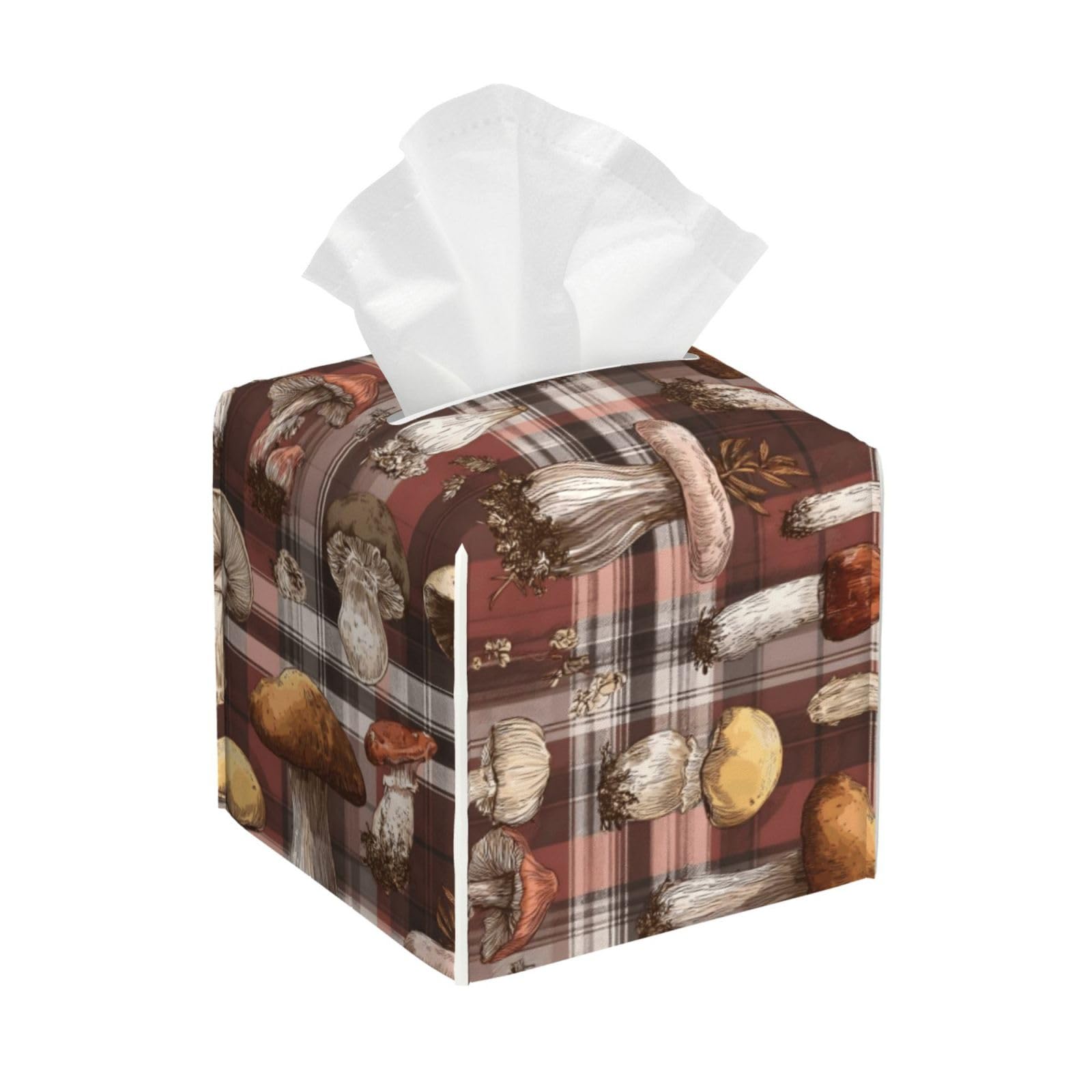 Rustic Mushroom Check Print Tissue Box Cover Holder Square, Foldable Modern Cube Tissue Box Cover, Leather Decorative Organizer for Tabletop Bathroom Car Office Desk Decor